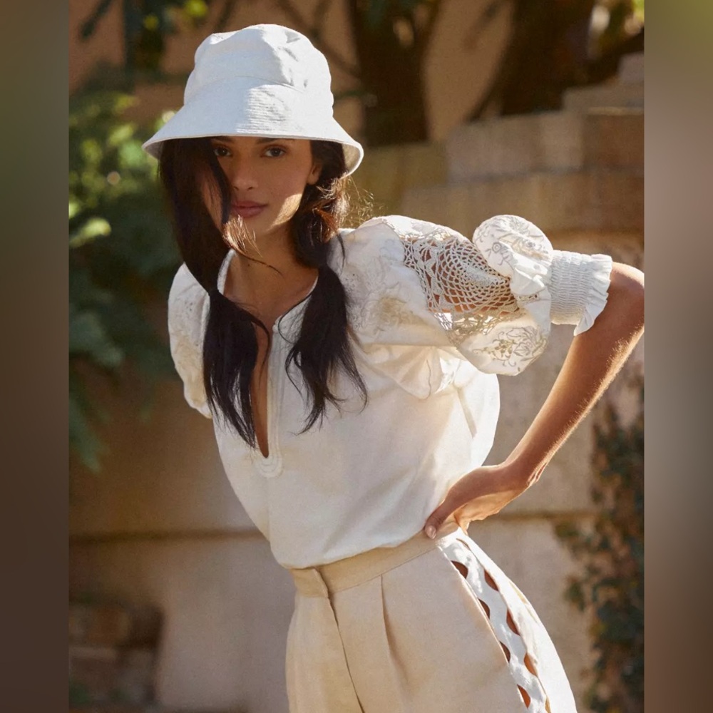 Anthropologie Cream Button-Down Blouse. By Anthropologie Crochet Peasant Blouse